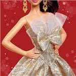 Barbie Signature 2025 Holiday fashhion Dol Brunetka se zlatostříbrnými šaty2