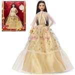 Mattel - Lalka Barbie z podpisem Holiday ze złotą sukienką i długimi brązowymi włosami1
